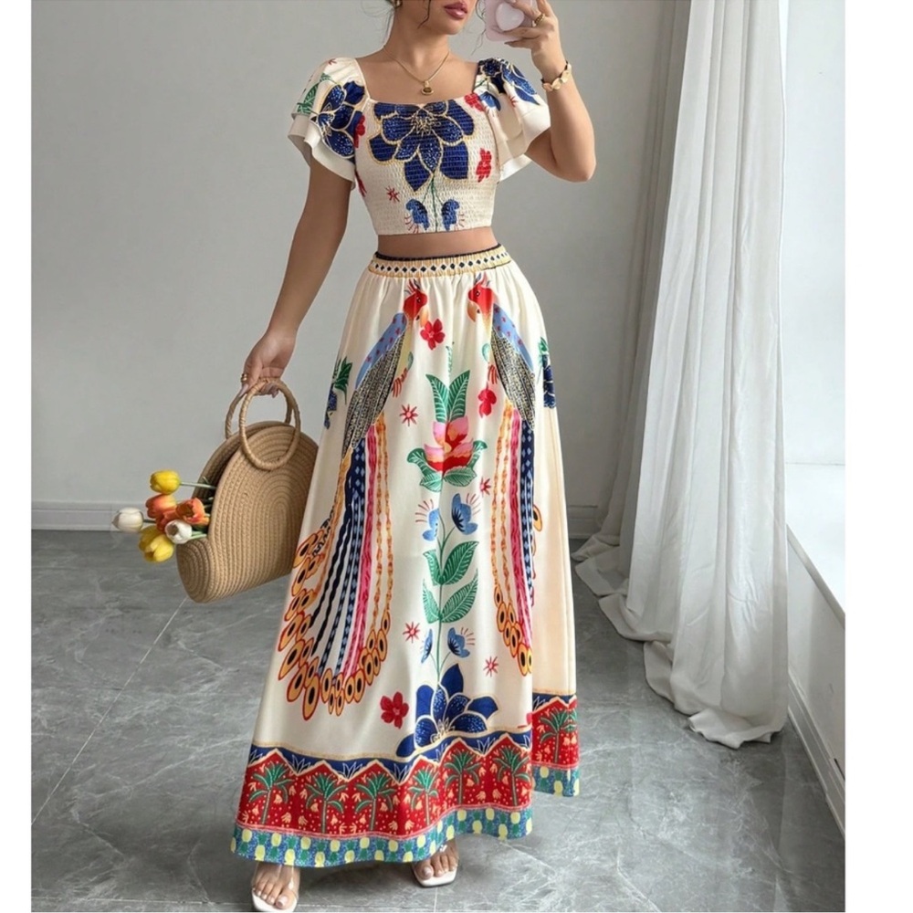 Boho Floral Print Stretchy Waist Smocked Cropped Top Skirt Set S M L XL